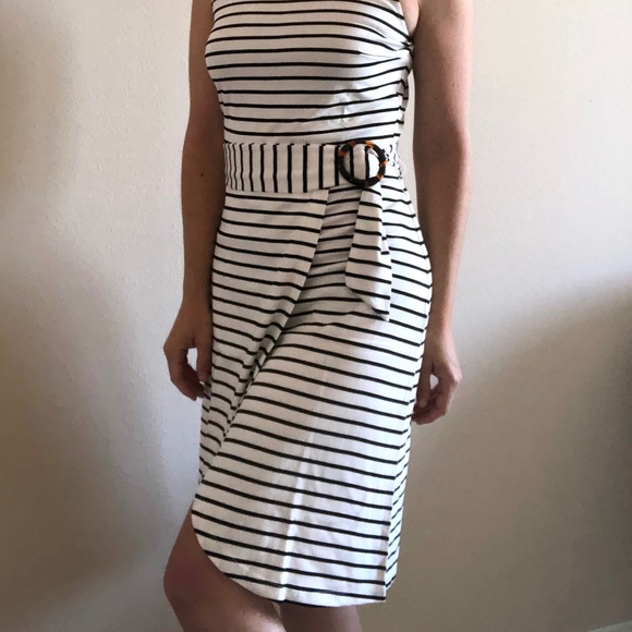 LOFT Striped Tortoiseshell Clip Belted Dress - Picture 6 of 6